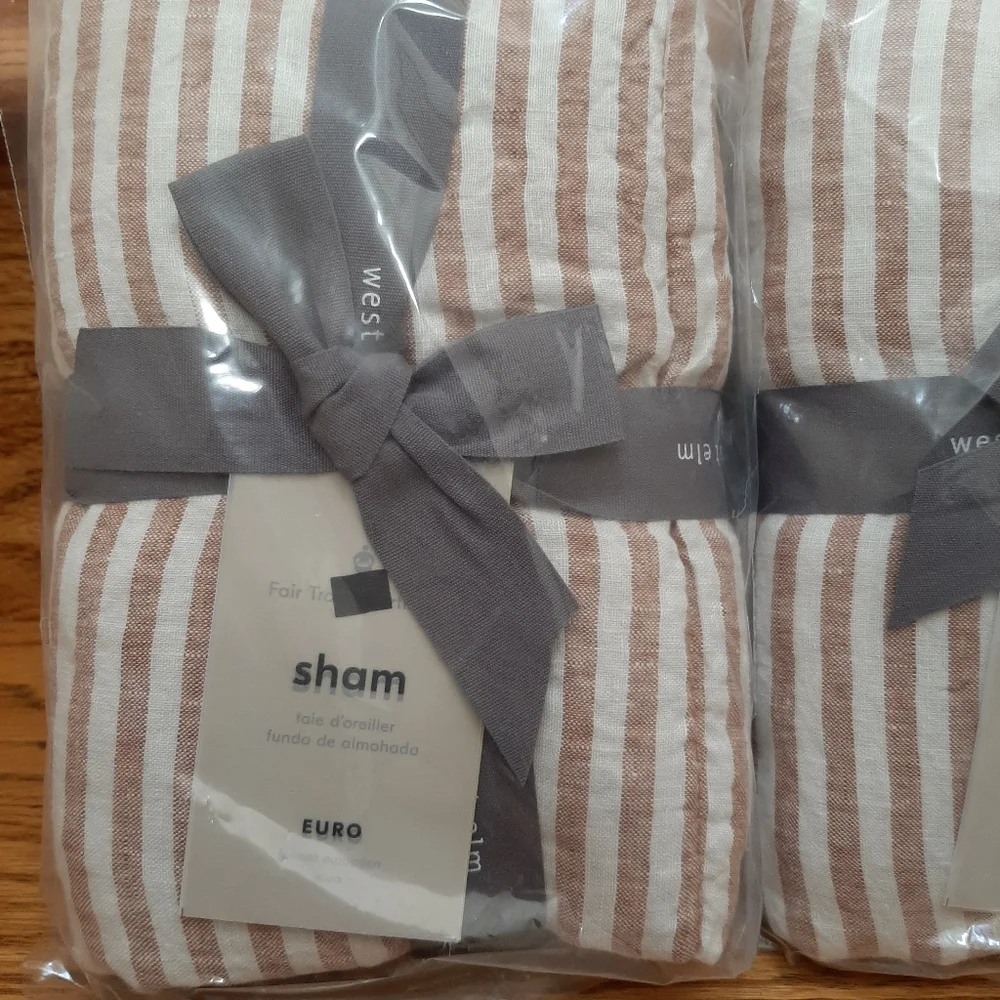 West Elm 2 European Flax Linen Stripe Box Stitch Euro Shams Terracotta